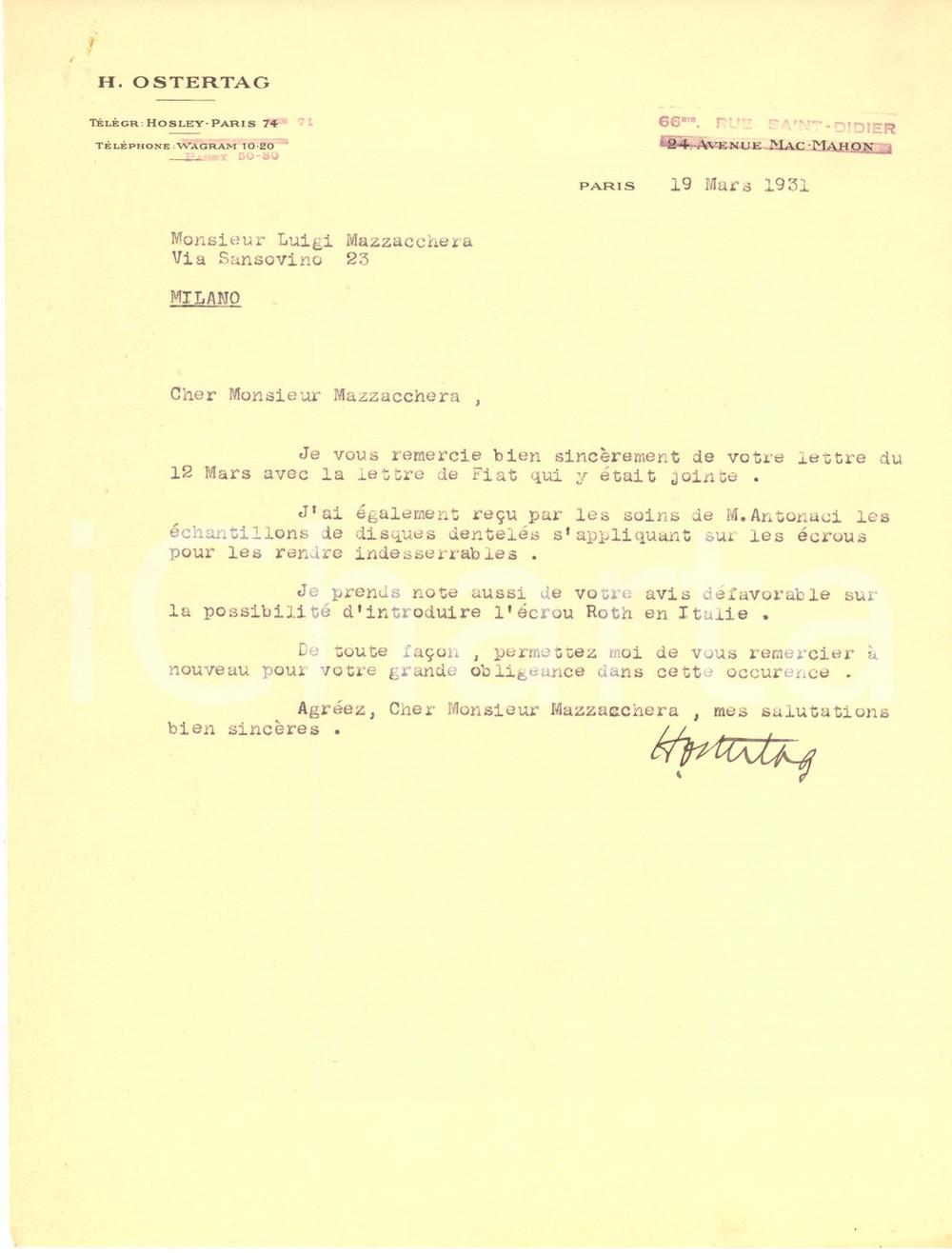 Autografo originale 1931 PARIS Lettre H. OSTERTAG  Ecrou indesserrable ROTH  Autographe 1