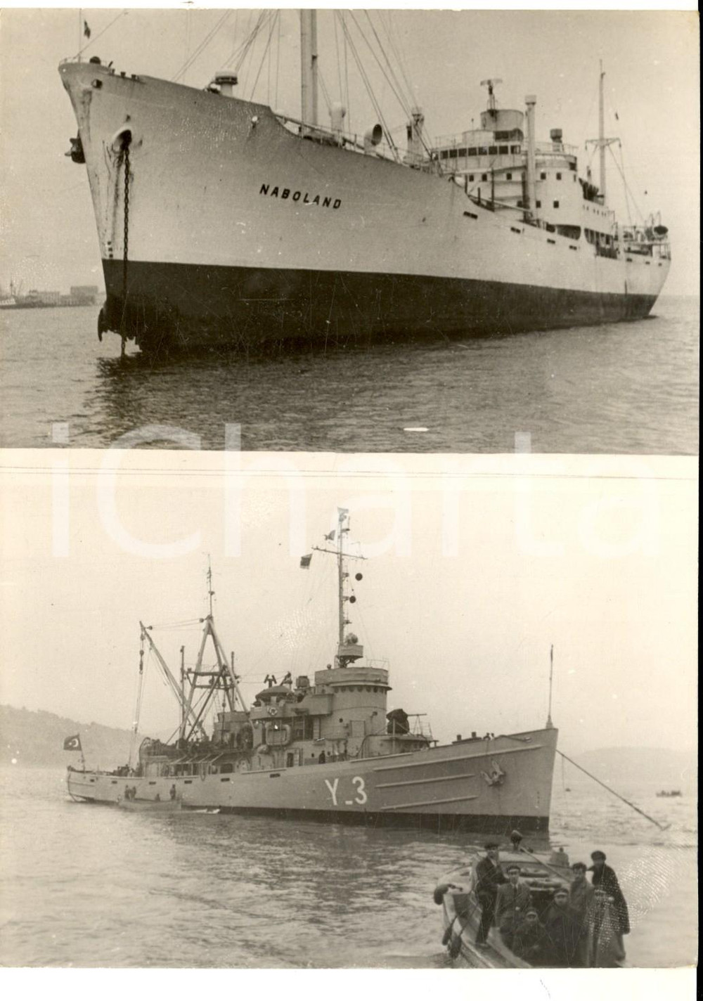 Fotografia d epoca originale 1953 TURCHIA Naufragio sottomarino DUMLUPINAR  NavI soccorso NABOLAND KURTARAN 1