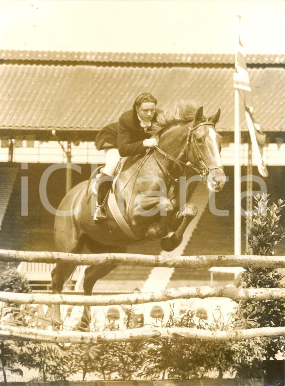 Fotografia d epoca originale 1959 LONDON Royal International Horse Show  Pat SMYTHE rides Flanagan Photo 1
