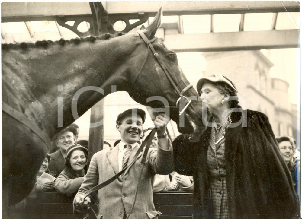 Fotografia d epoca originale 1957 AINTREE RACECOURSE Grand National  Mrs GEOFFREY KHON kissing horse SUNDEW 1