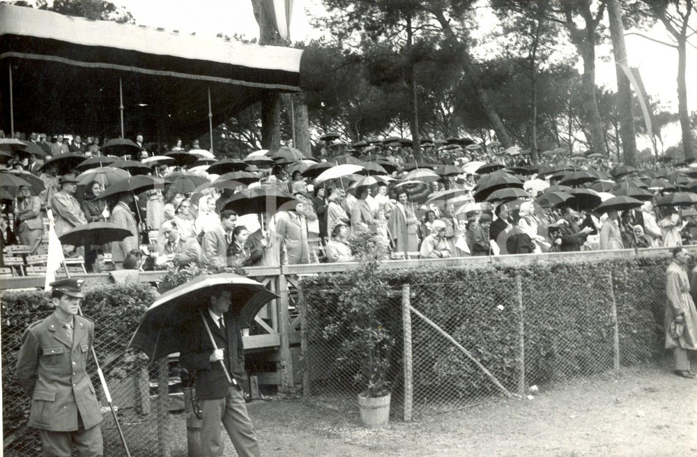 Fotografia d epoca originale 1957 GRAN PREMIO DELLE NAZIONI DI ROMA  IPPICA  Tribuna invasa dagli ombrelli 1