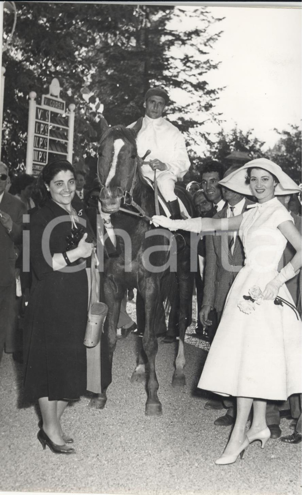 Fotografia d epoca originale 1955 TORINO Ippodromo Mirafiori G. P. DELLA MODA Modella posa con vincitore 1