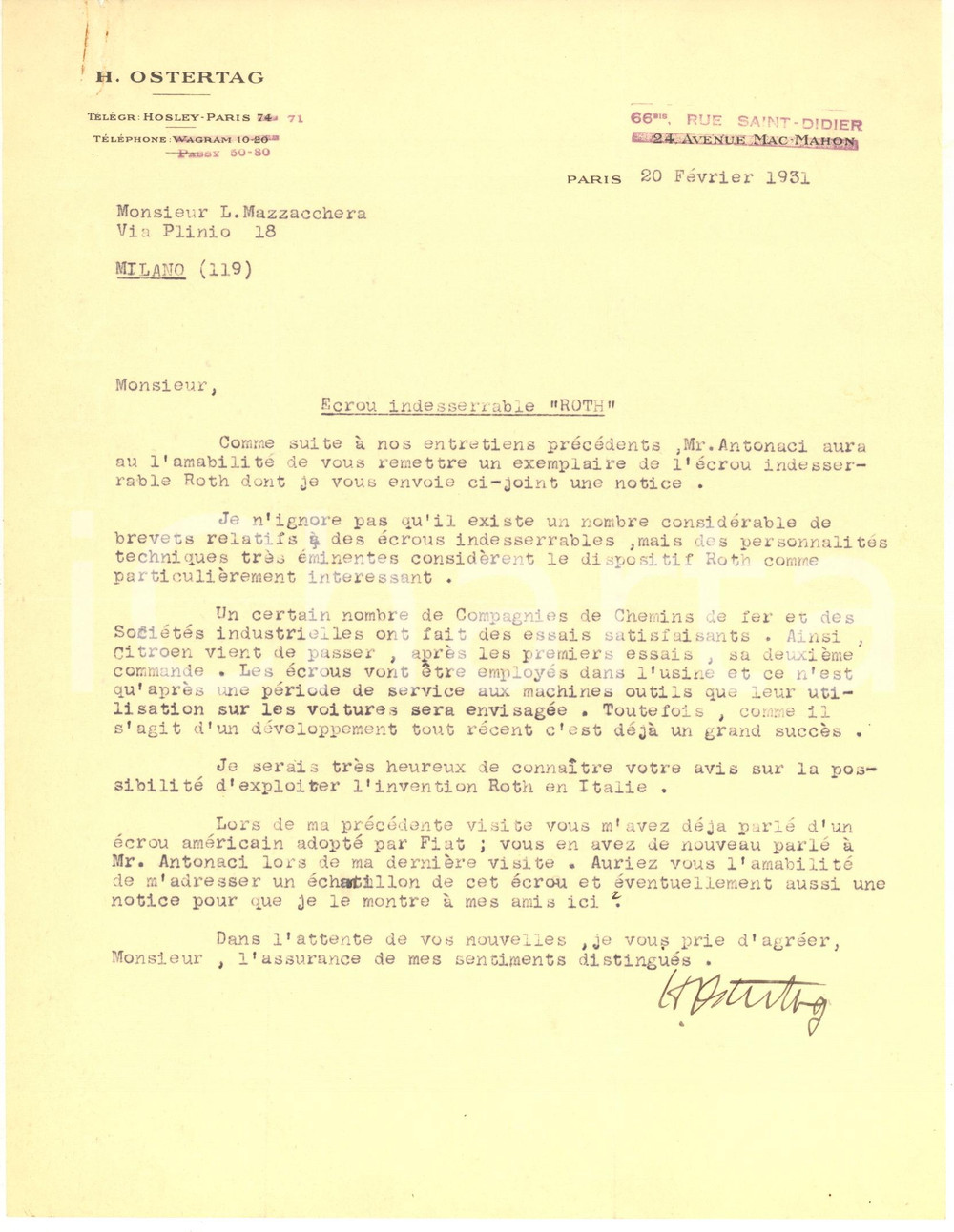 Autografo originale 1931 PARIS Lettre H. OSTERTAG  Ecrou indesserrable ROTH  Lettera 1