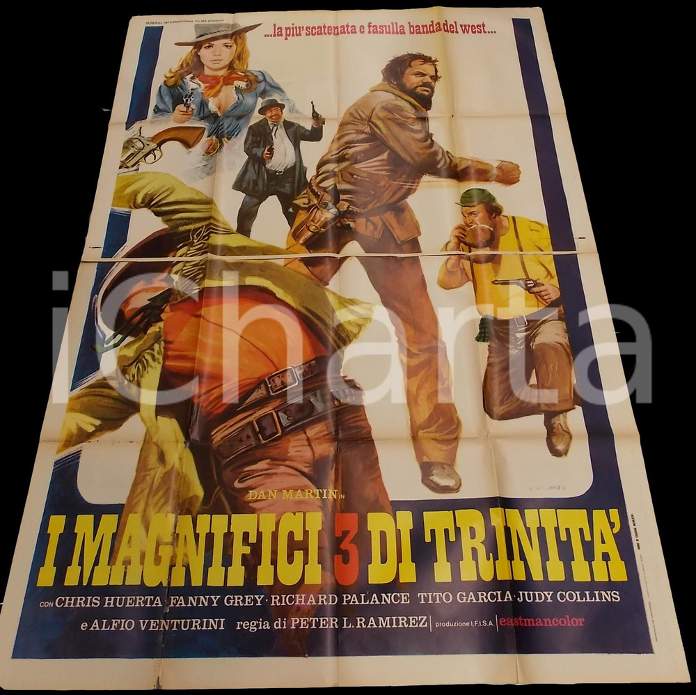 Materiale cinematografico d’epoca 1974 I MAGNIFICI 3 DI TRINITA  Chris HUERTA Fanny GREY Manifesto 140x200 1