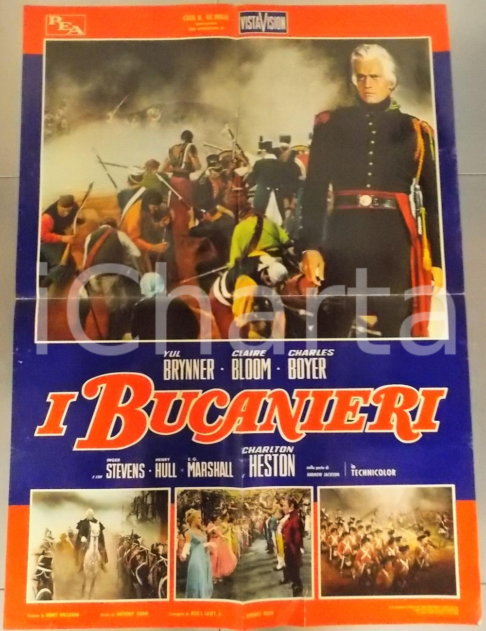 Materiale cinematografico d’epoca 1958 I BUCANIERI The buccaneer  Yul BRINNER Charlton HESTON Manifesto 60x80 cm 1