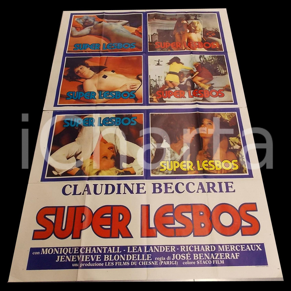 Materiale cinematografico d’epoca 1975 ca SUPER LESBOS Claudine BECCARIE Monique CHANTALL Manifesto PORNO 140x200 1