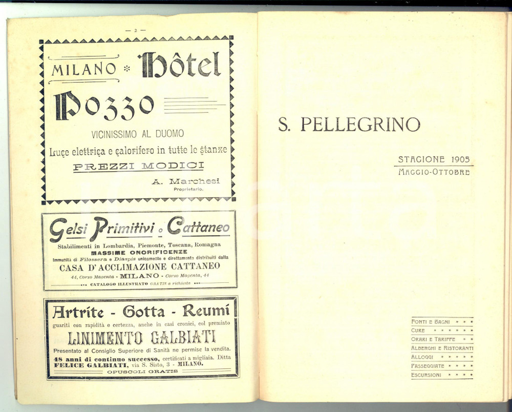 Libro, pubblicazione d epoca 1905 SAN PELLEGRINO TERME Guida  Fonti, cure, alberghi  Pubblicitario 112 pp. 1