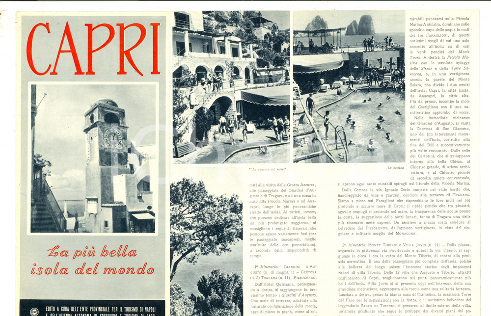 Materiale pubblicitario d’epoca 1951 CAPRI La piÃ¹ bella isola del mondo  Pieghevole ENIT ILLUSTRATO Vintage 1