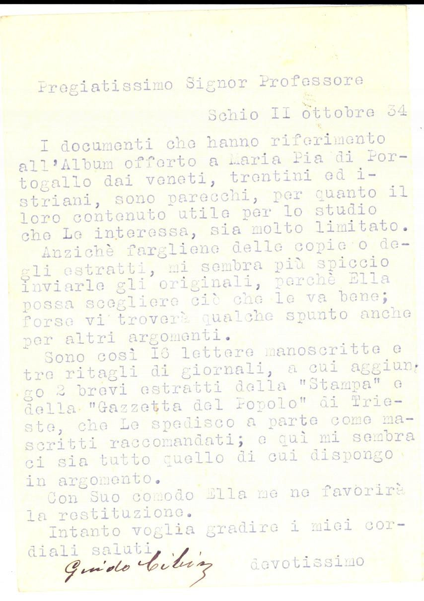 Manoscritto, lettera originale 1934 SCHIO Guido CIBIN sull album per Maria Pia di Portogallo  Autografo 1
