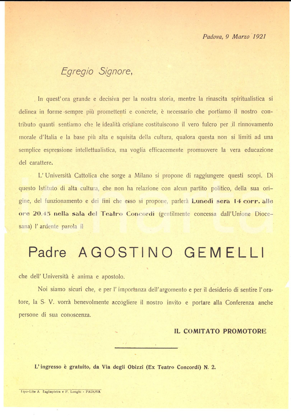 Documento originale, autentico 1921 PADOVA Università Cattolica  Conferenza padre Agostino GEMELLI Locandina 1