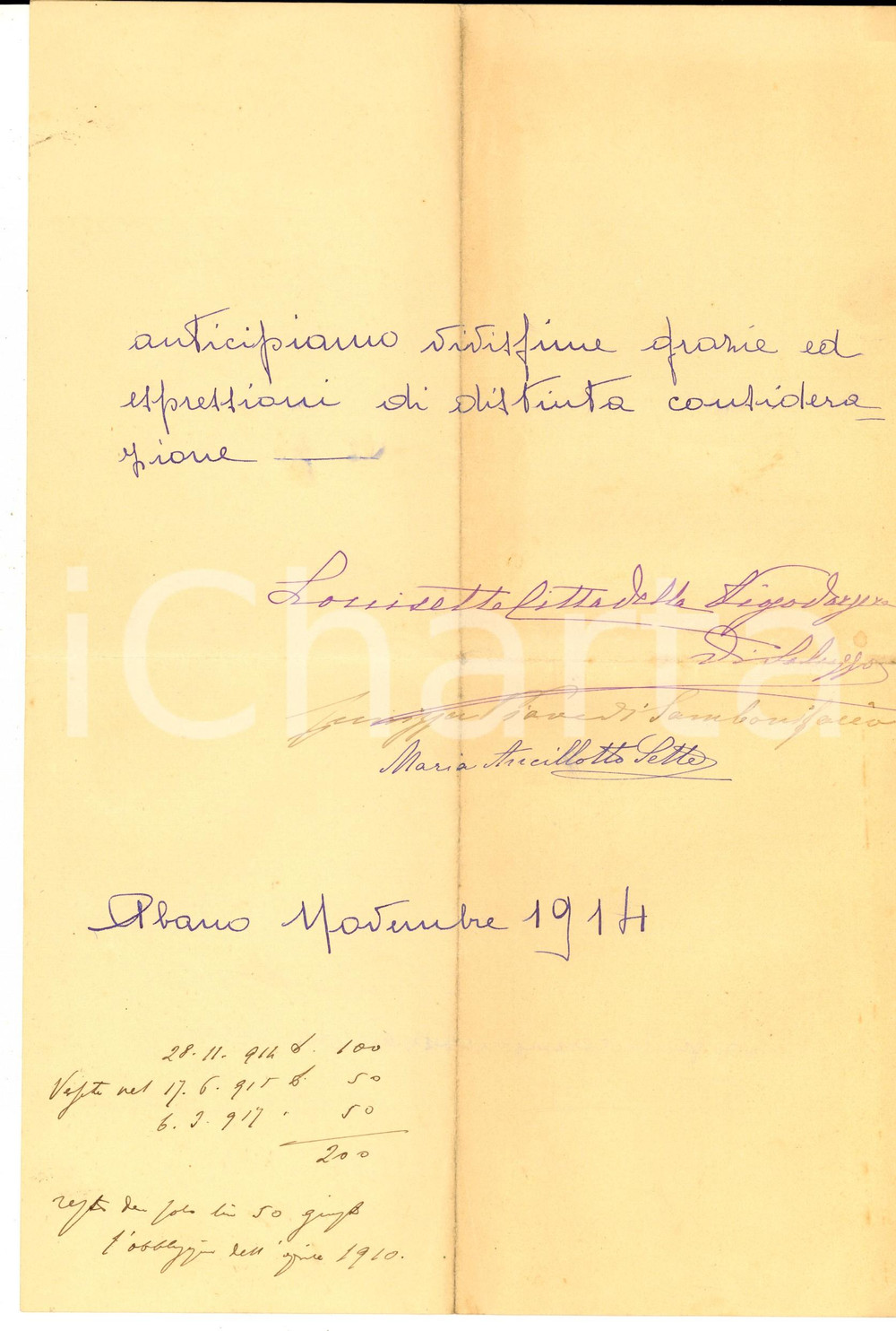 Documento originale, autentico 1914 ABANO TERME Lettera pro scuola per ragazze Luisa CITTADELLA VIGODARZERE 1