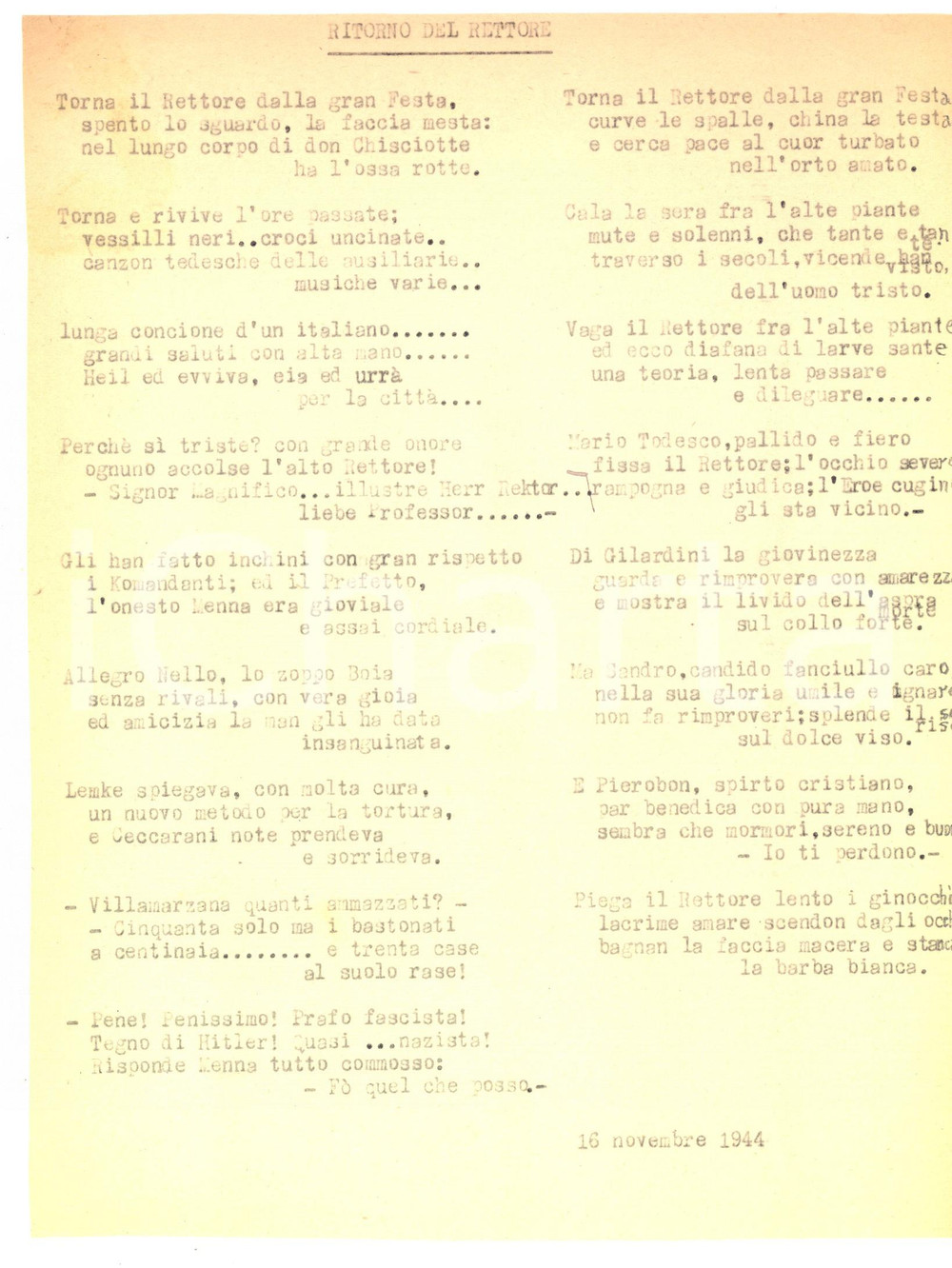 Documento originale, autentico 1944 RSI AREA VENETA Ritorno del Rettore Dattiloscritto GOLIARDIA ANTIFASCISTA 1