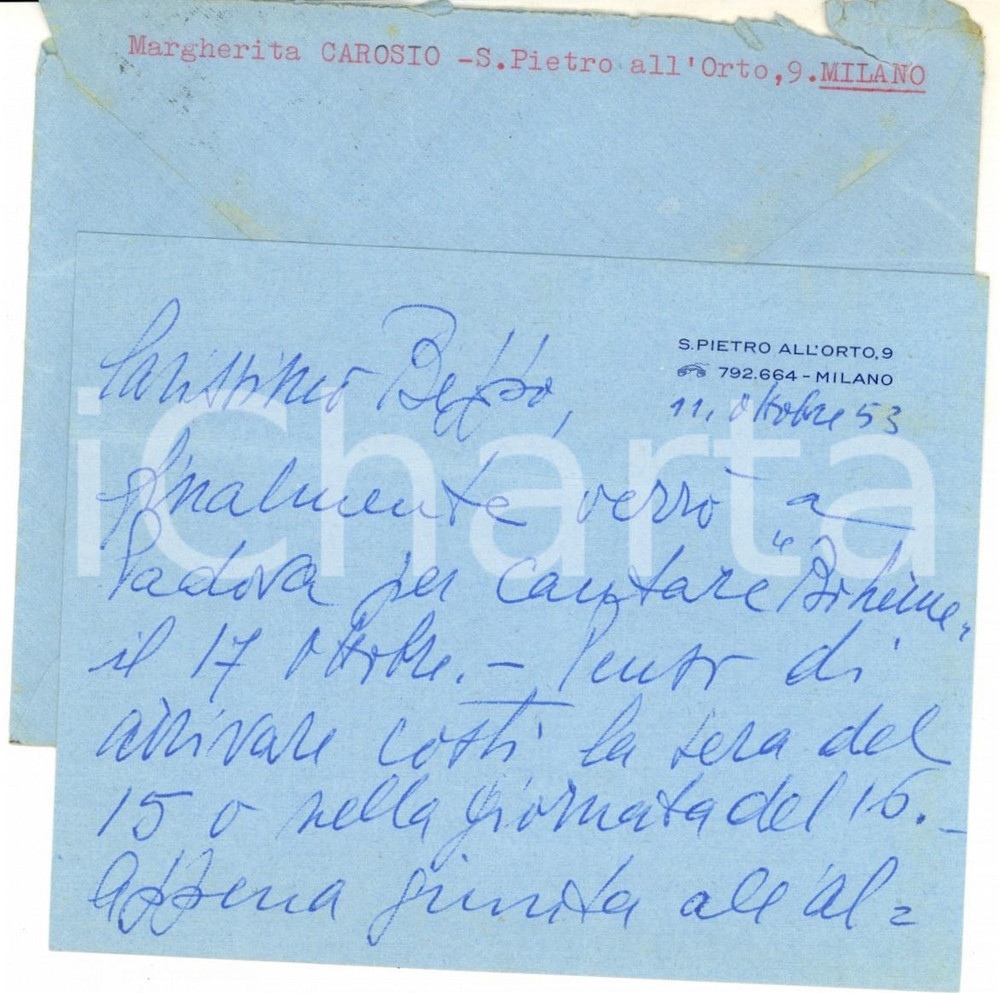 Autografo originale 1953 MILANO Soprano Margherita CAROSIO pronta per La BohÃ¨me  Autografo 1