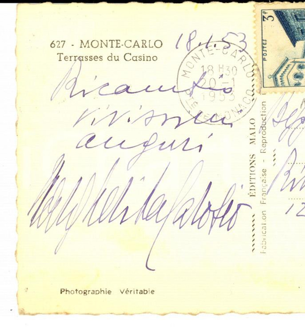 Autografo originale 1953 MONTE CARLO Soprano Margherita CAROSIO  Cartolina autografa con auguri 1