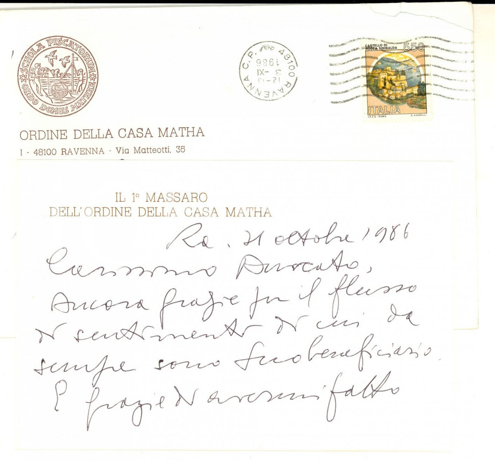 1986 MASSONERIA RAVENNA Giordano GAMBERINI - Biglietto ringraziamento autografo