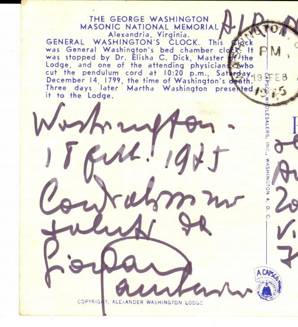 Autografo originale 1975 WASHINGTON Maestro Massoneria Giordano GAMBERINI  Cartolina autografa 1