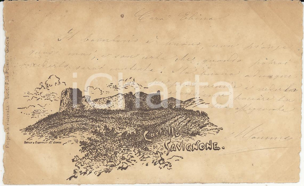 Cartolina originale da collezione 1905 ca SAVIGNONE GE Panorama del castello Cartolina ILLUSTRATA FP VG 1