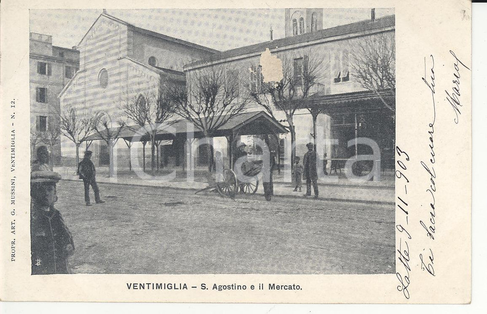 Cartolina originale da collezione 1903 VENTIMIGLIA S. Agostino e il Mercato Cartolina ANIMATA DANNEGGIATA FP VG 1