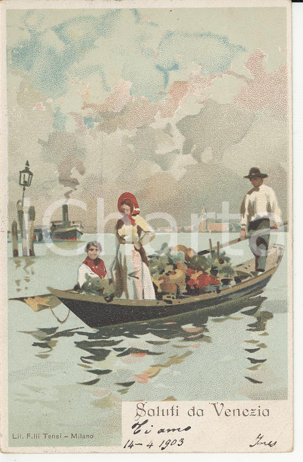 Cartolina originale da collezione 1903 VENEZIA Gondoliere trasporta fioraia con carico di fiori Cartolina FP VG 1