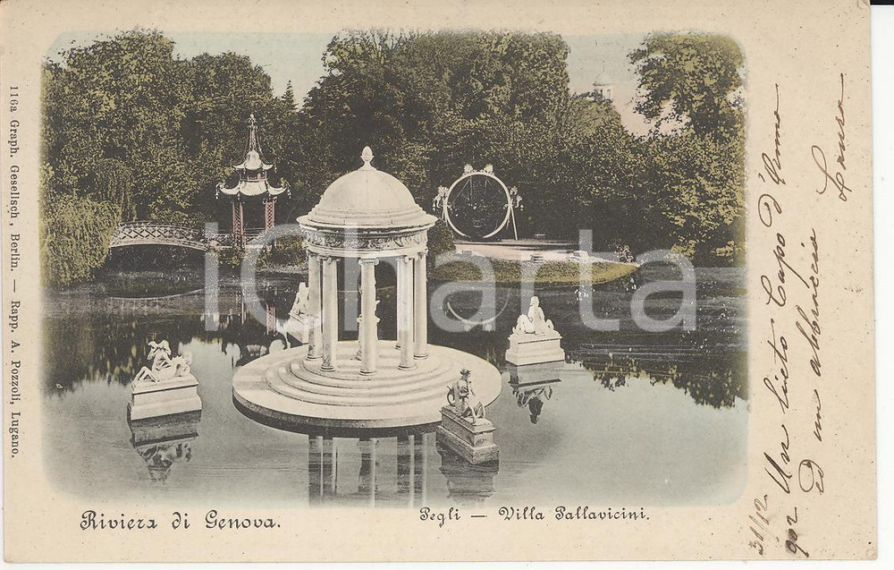 Cartolina originale da collezione 1902 GENOVA PEGLI Villa PALLAVICINI  Tempio di Diana e altalena Cartolina FP NV 1