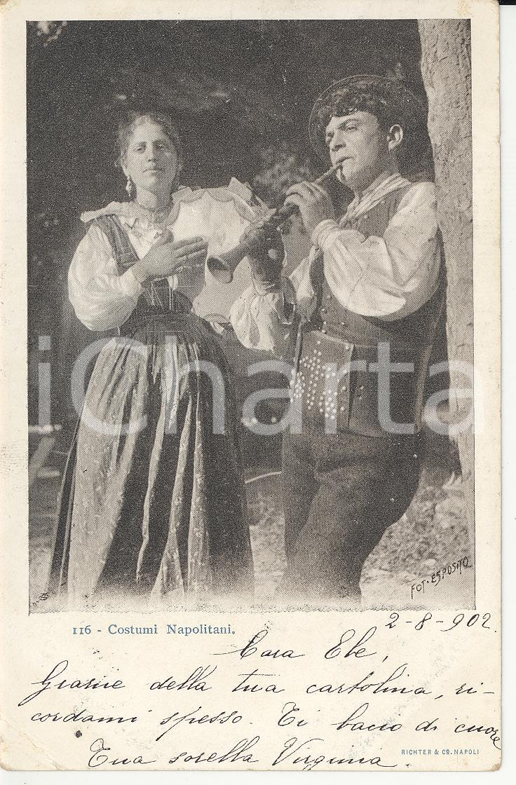 Cartolina originale da collezione 1902 COSTUMI NAPOLETANI Suonatori con tamburello e flauto Cartolina FP VG 1