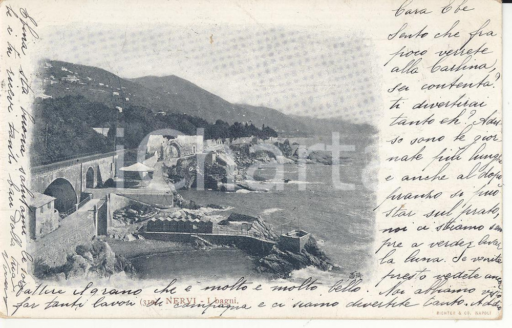 Cartolina originale da collezione 1900 ca GENOVA NERVI Veduta aerea dei bagni e delle spiagge Cartolina FP VG 1