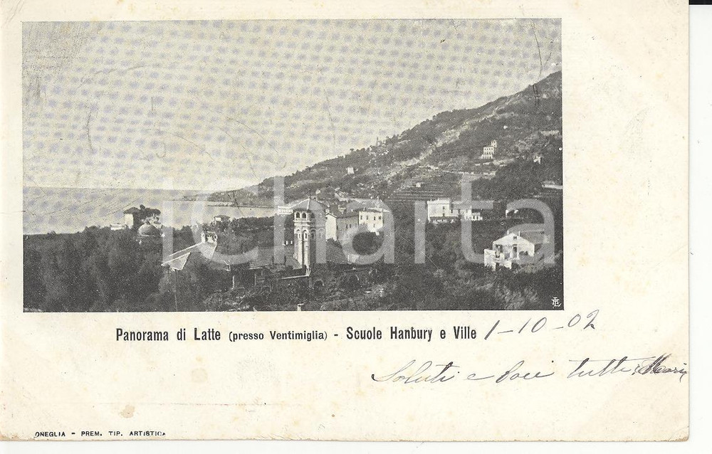 Cartolina originale da collezione 1902 LATTE / VENTIMIGLIA Panorama con scuole HANBURY e ville Cartolina FP VG 1
