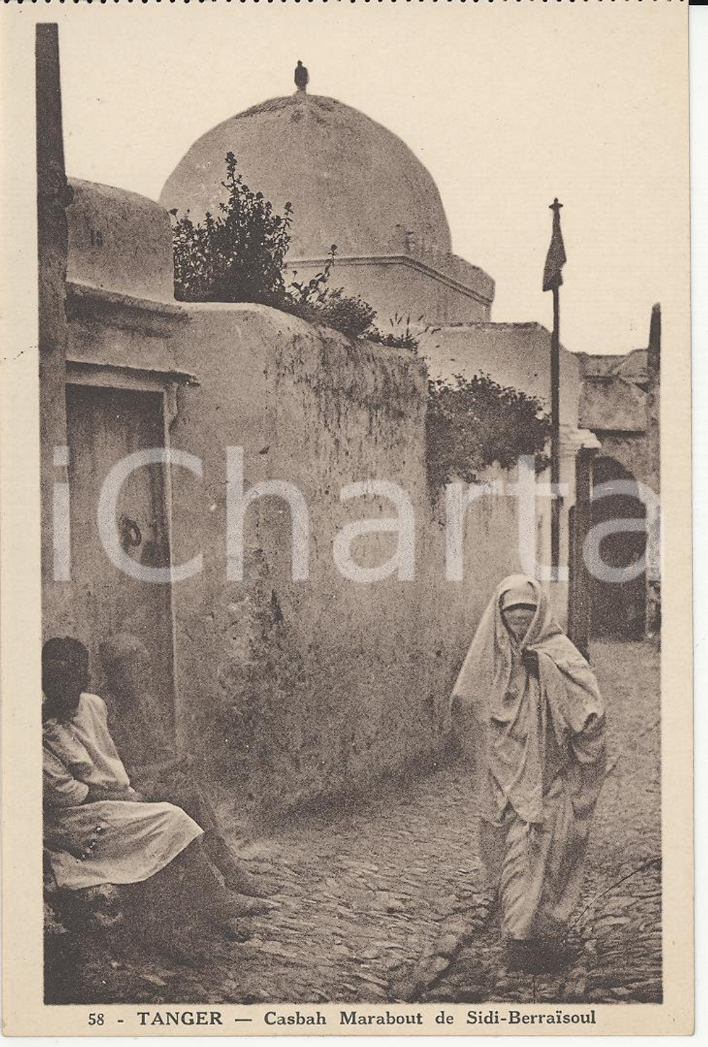 Cartolina originale da collezione 1910 ca TANGER MAROC Kasbah Marabout de SidiBerraissoul Carte postale ANIMEE 1
