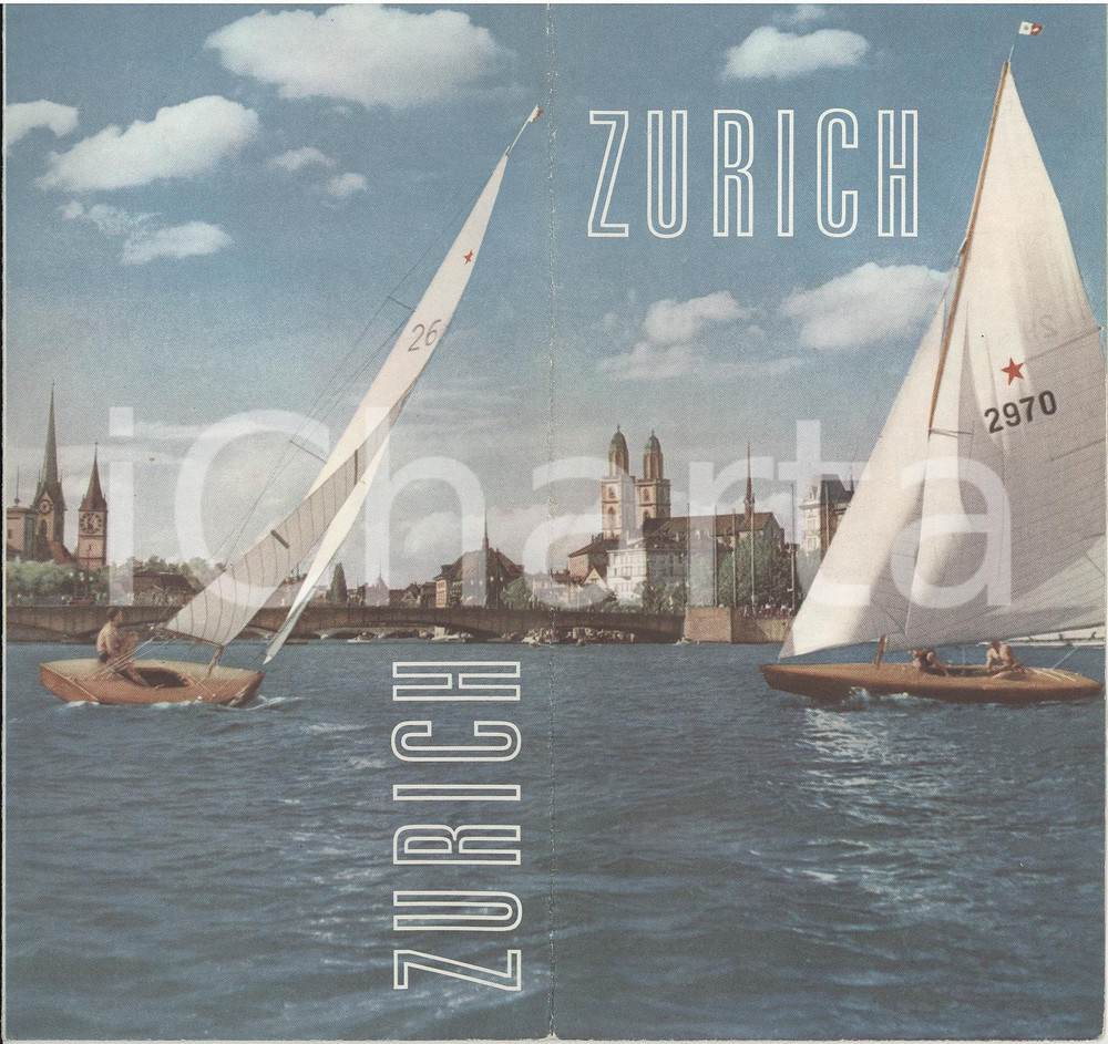 Materiale pubblicitario d’epoca 1960 ca ZURICH /ZURIGO  Pieghevole ILLUSTRATO con mappa TURISMO VINTAGE 1