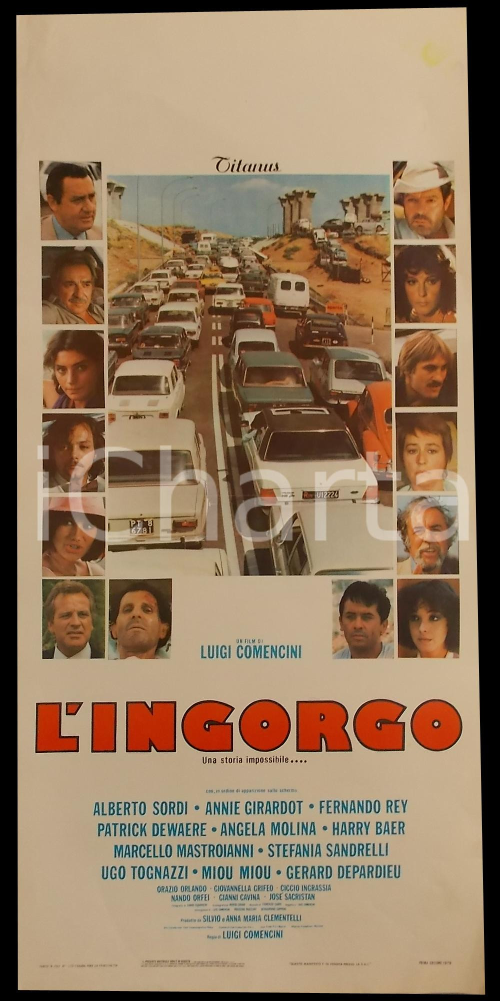 Materiale cinematografico d’epoca 1979 L INGORGO Luigi COMENCINI Alberto SORDI Ugo TOGNAZZI Manifesto 32x70 1