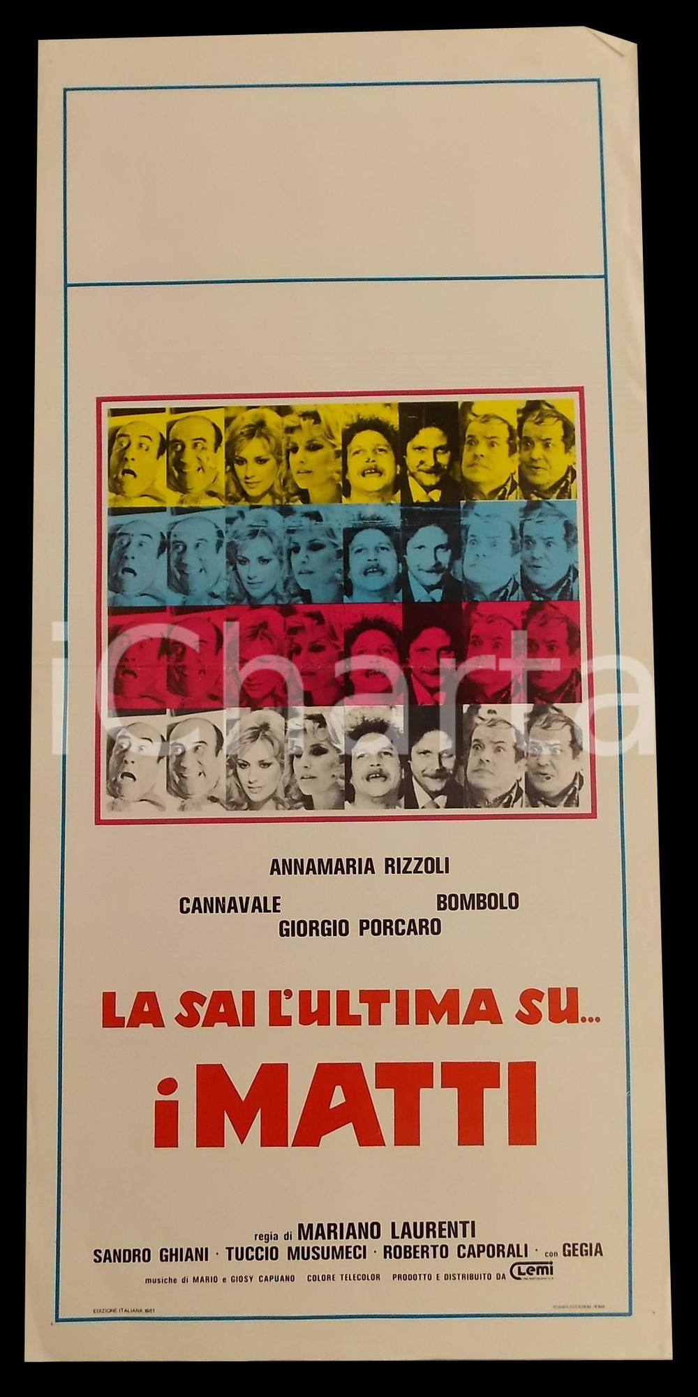Materiale cinematografico d’epoca 1982 LA SAI L ULTIMA SUI MATTI? Annamaria RIZZOLI Bombolo Manifesto 32x70 cm 1