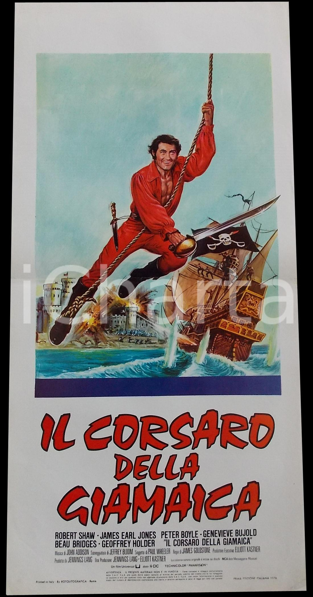 Materiale cinematografico d’epoca 1976 IL CORSARO DELLA GIAMAICA Robert SHAW James Earl JONES Manifesto 32x70 cm 1