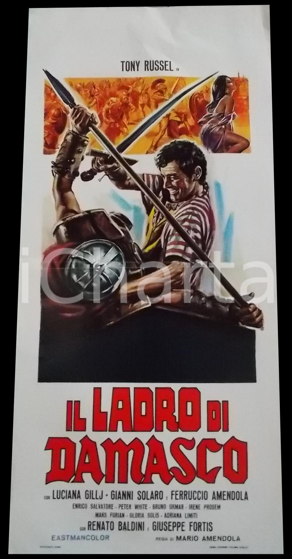 Materiale cinematografico d’epoca 1964 IL LADRO DI DAMASCO Tony RUSSEL Luciana GILLI Manifesto PEPLUM 32x70 cm 1