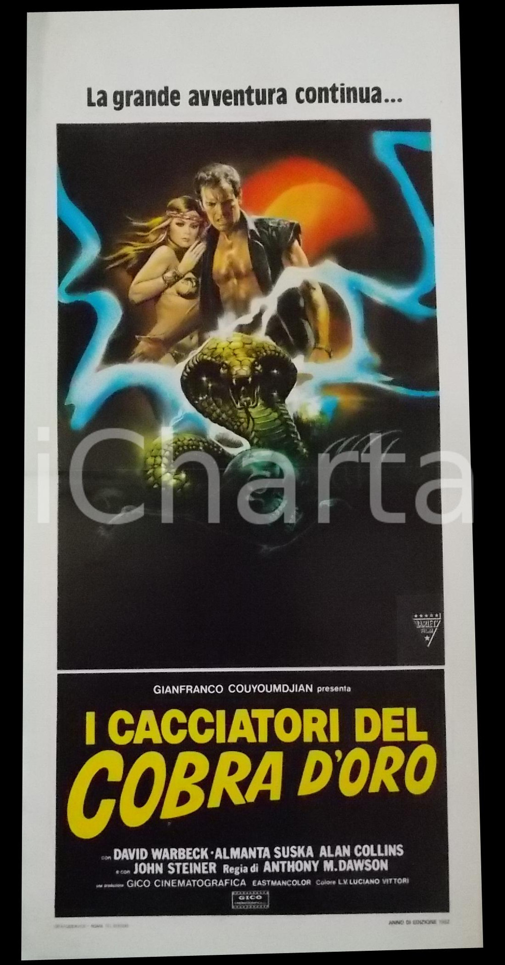 Materiale cinematografico d’epoca 1982 I CACCIATORI DEL COBRA D ORO Almanta SUSKA David WARBECK Manifesto 32x70 cm 1