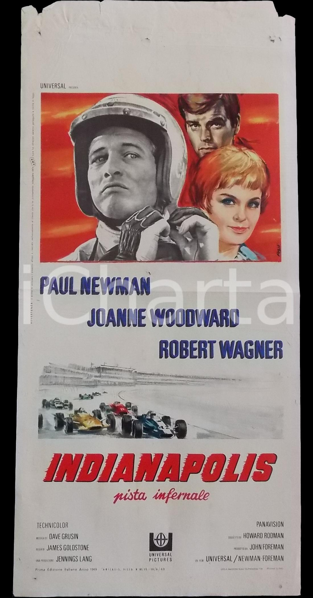 Materiale cinematografico d’epoca 1969 INDIANAPOLIS Pista infernale  Paul NEWMAN Joanne WOODWARD Manifesto 32x70 1