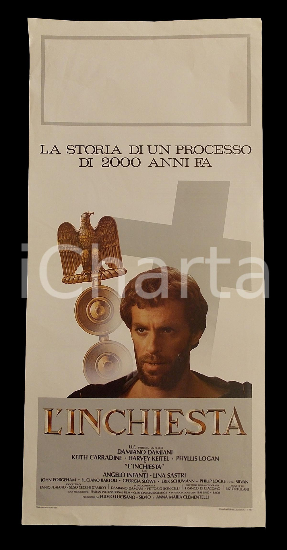 Materiale cinematografico d’epoca 1987 L INCHIESTA Keith CARRADINE Damiano DAMIANI Harvey KEITEL Manifesto 32x70 1