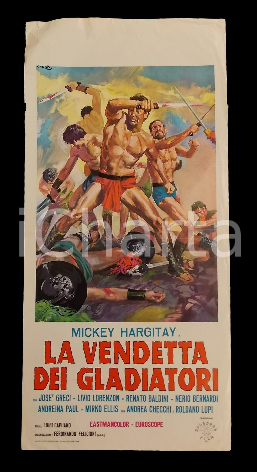 Materiale cinematografico d’epoca 1964 LA VENDETTA DEI GLADIATORI Mickey HARGITAY JosÃ© GRECI Manifesto 32x70 cm 1