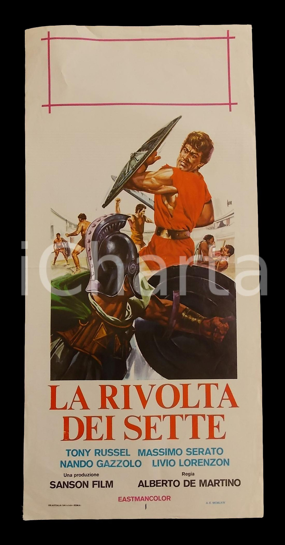 Materiale cinematografico d’epoca 1964 LA RIVOLTA DEI SETTE Tony RUSSEL Nando GAZZOLO Manifesto PEPLUM 32x70 cm 1