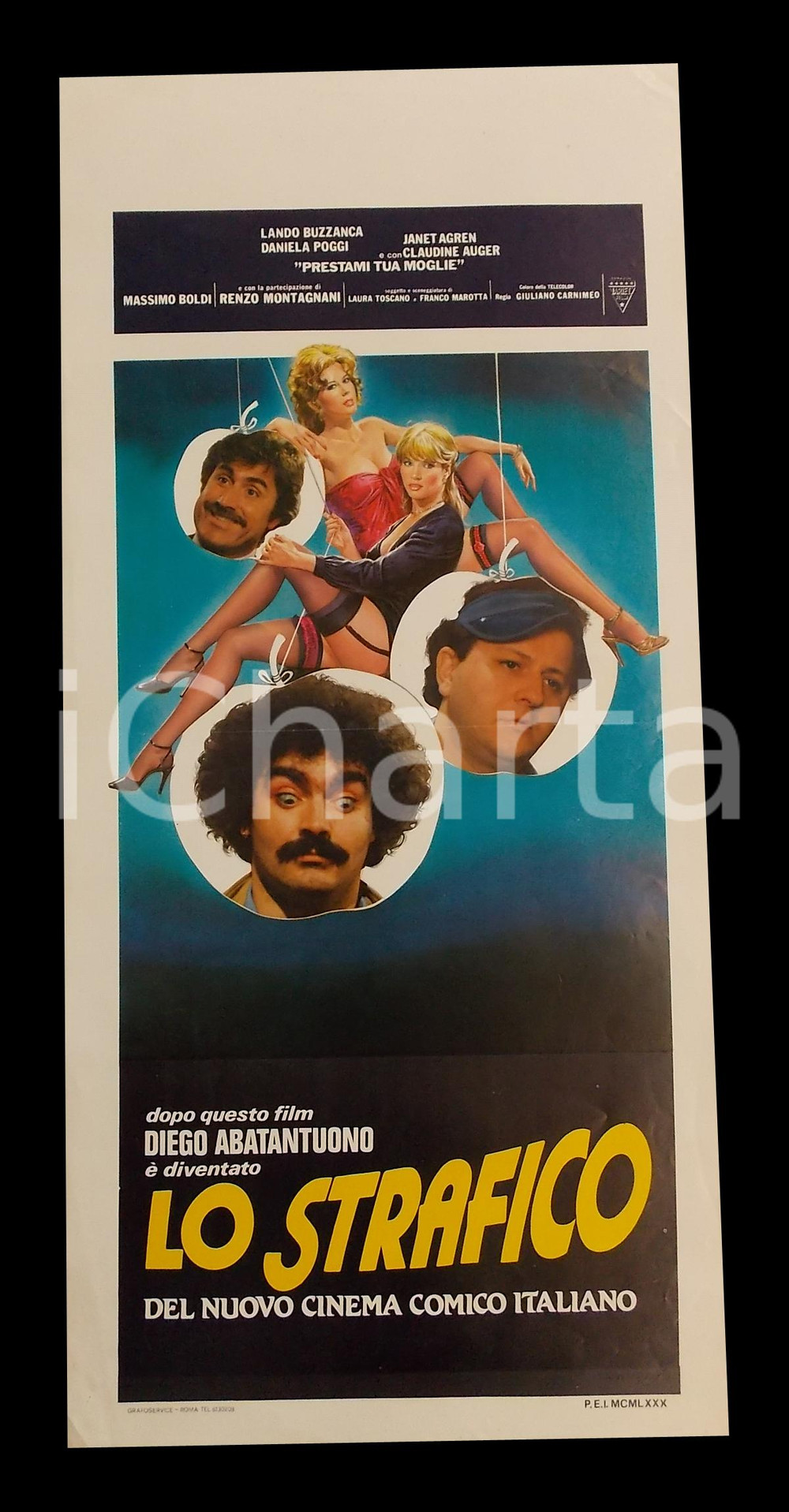 Materiale cinematografico d’epoca 1980 PRESTAMI TUA MOGLIE Diego ABATANTUONO strafico del cinema italiano 32x70 cm 1