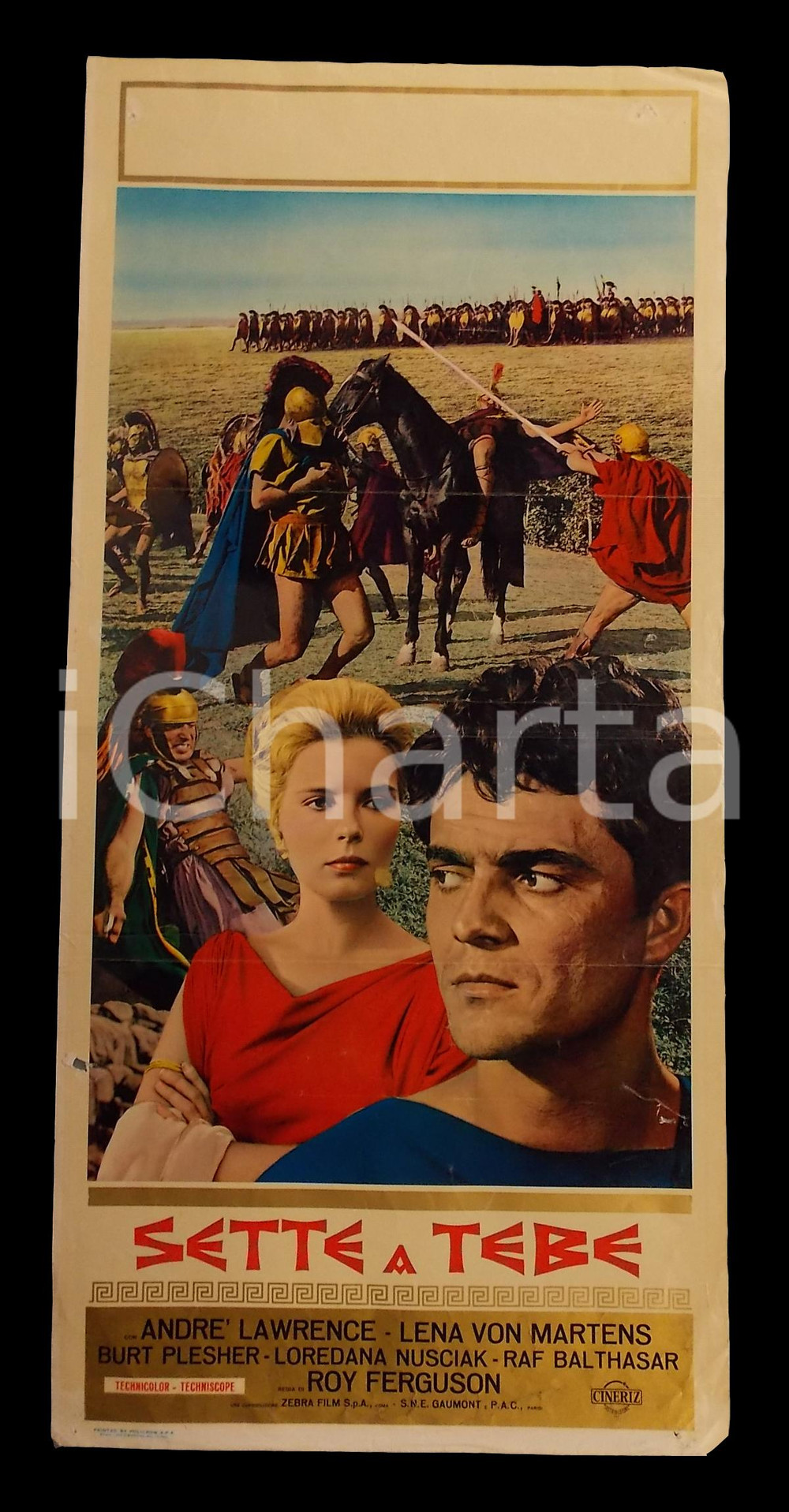 Materiale cinematografico d’epoca 1964 SETTE A TEBE AndrÃ© LAWRENCE Lena VON MARTENS Manifesto PEPLUM 32x70 cm 1