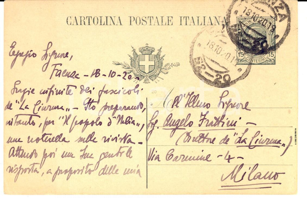 Autografo originale 1920 FAENZA Poeta Primo SCARDOVI prepara nota su La Ciurma  Autografo 1