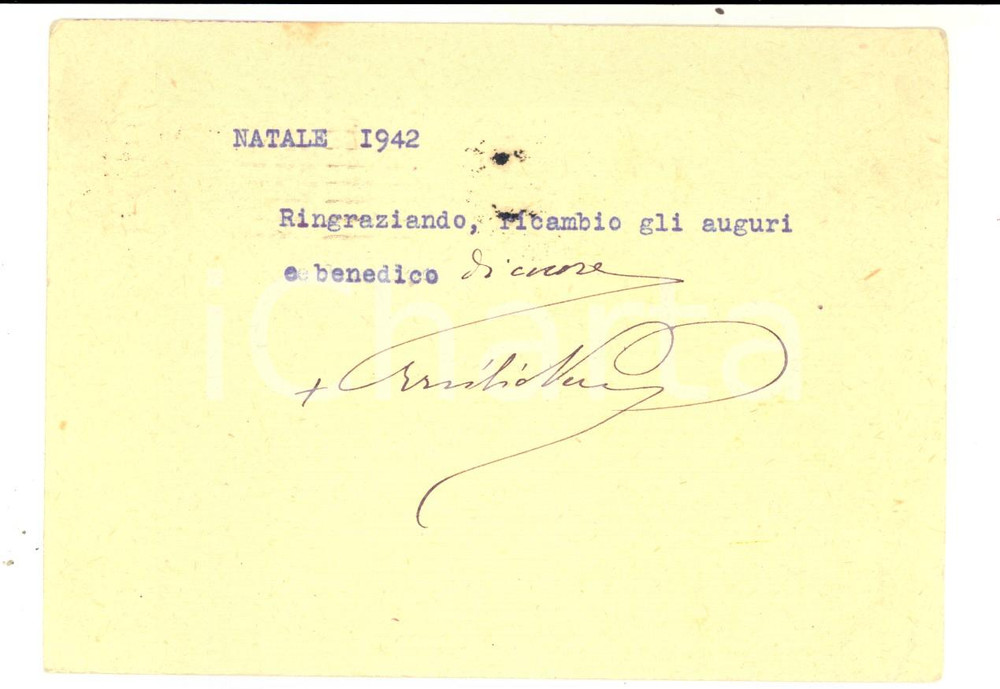 Autografo originale Natale 1942 PIACENZA Cartolina auguri mons. Ersilio MENZANI  Autografo 1