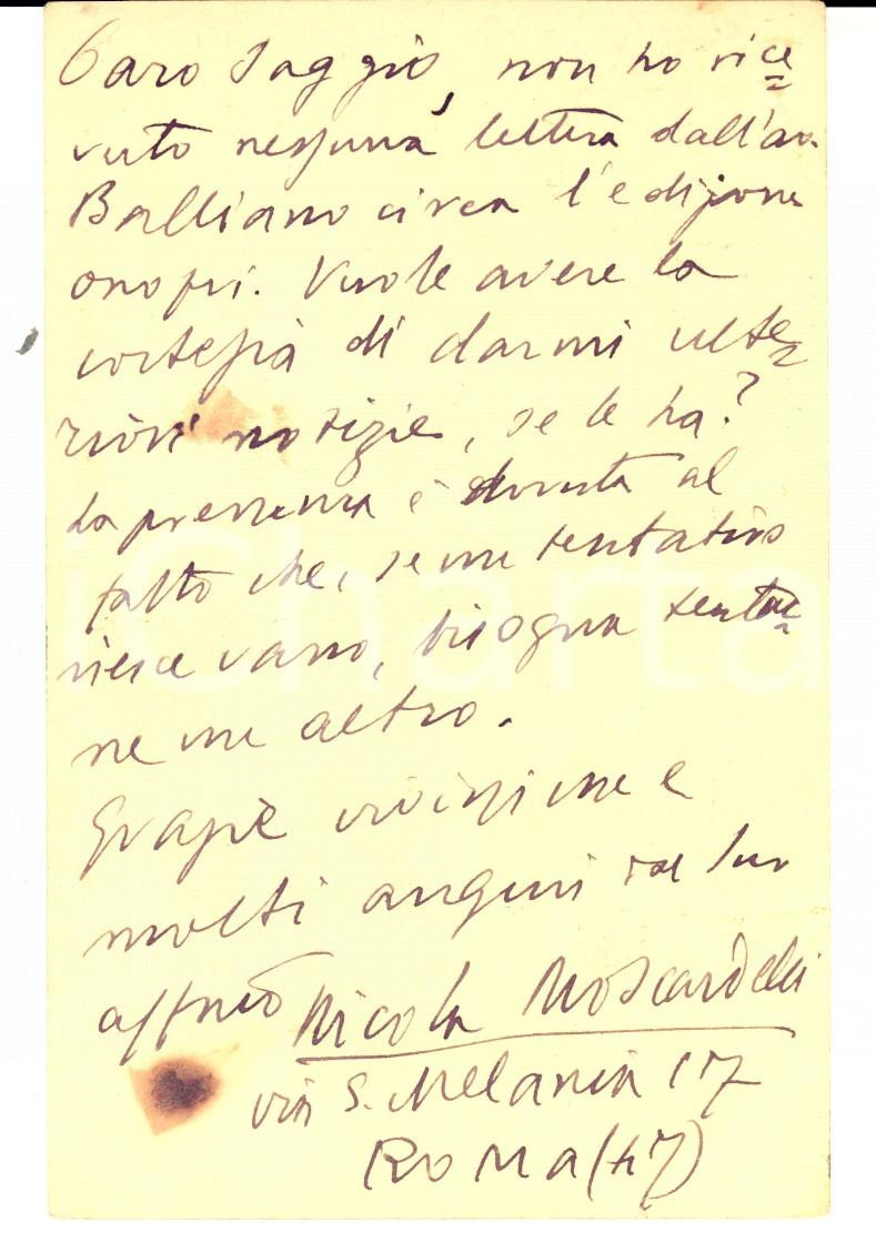 Autografo originale 1931 ROMA Cartolina Nicola MOSCARDELLI  SIRIUS / GRUPPO DI UR  Autografo 1