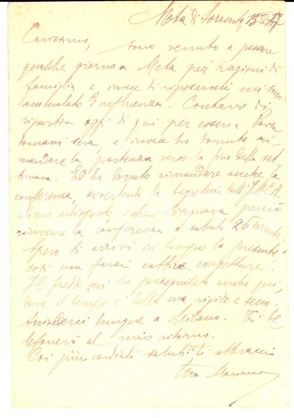 1947 META DI SORRENTO Mariano MARESCA rimanda gli impegni - Cartolina AUTOGRAFA