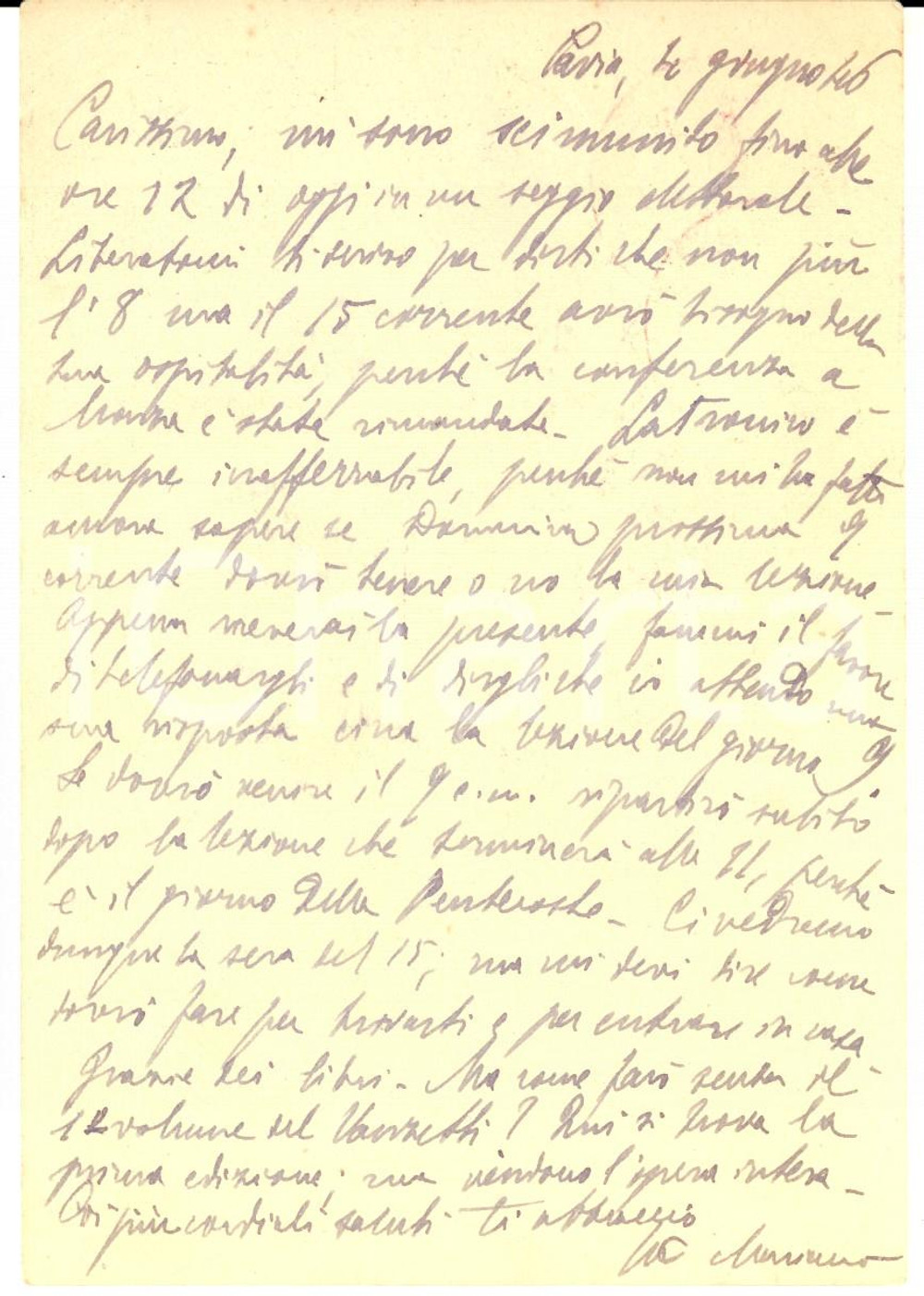 Autografo originale 1946 PAVIA Cartolina Mariano MARESCA al collega Carlo Saggio  Autografo 1