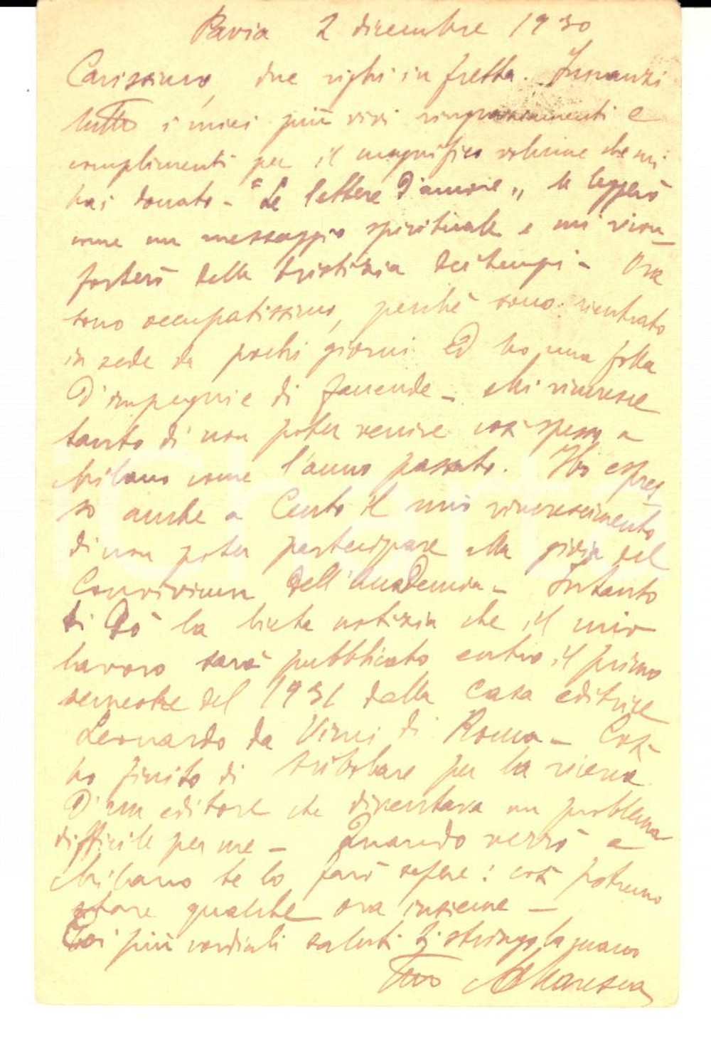 Autografo originale 1930 PAVIA Cartolina Mariano MARESCA per ringraziamento volume  Autografo 1