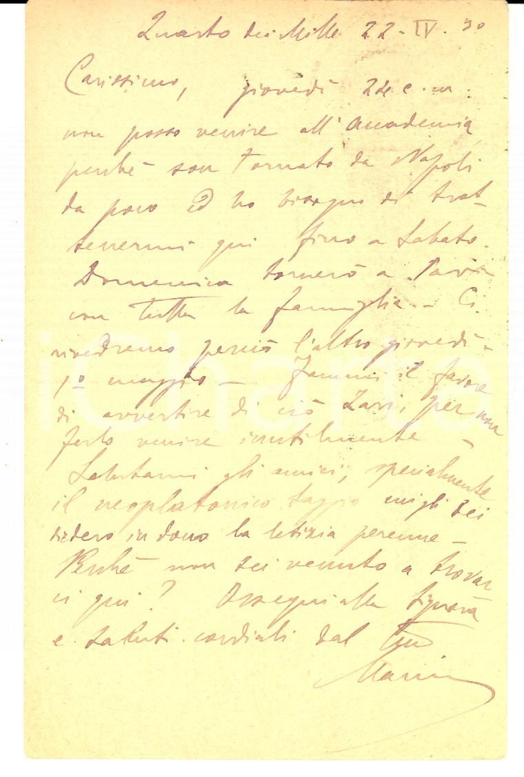 Autografo originale 1930 QUARTO DEI MILLE Cartolina Mariano MARESCA a Vincenzo Ceruto  Autografo 1