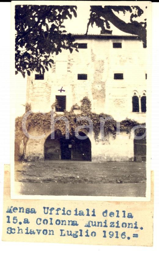 Fotografia d epoca originale 1916 WW1 SCHIAVON Veduta della mensa ufficiali 15 colonna munizioni Foto 6x8 1