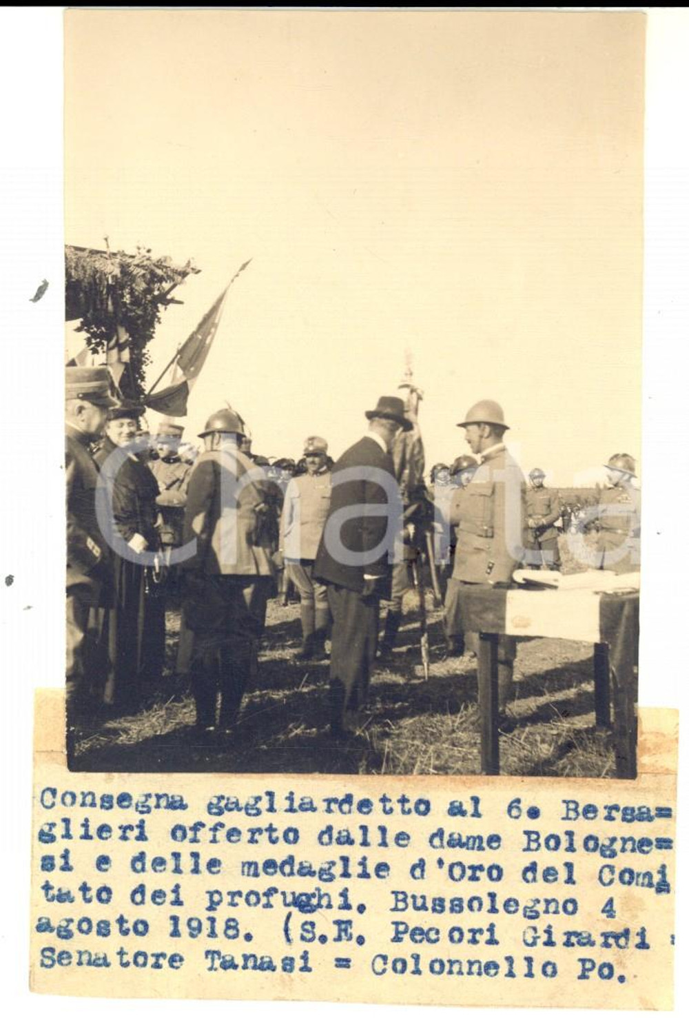 Fotografia d epoca originale 1918 WW1 BUSSOLENGO Guglielmo PECORI GIRALDI a cerimonia BERSAGLIERI  Foto 8x10 1