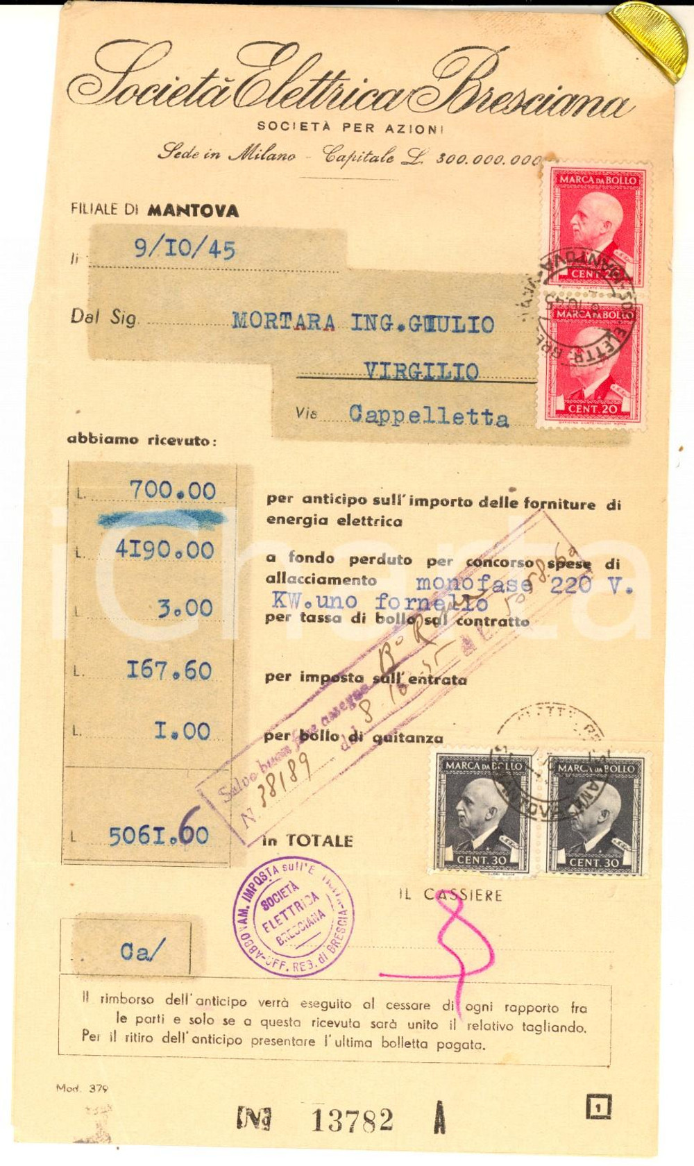 Documento originale, autentico 1945 MANTOVA SocietÃ  Elettrica Bresciana  Ricevuta per forniture con bolli 1